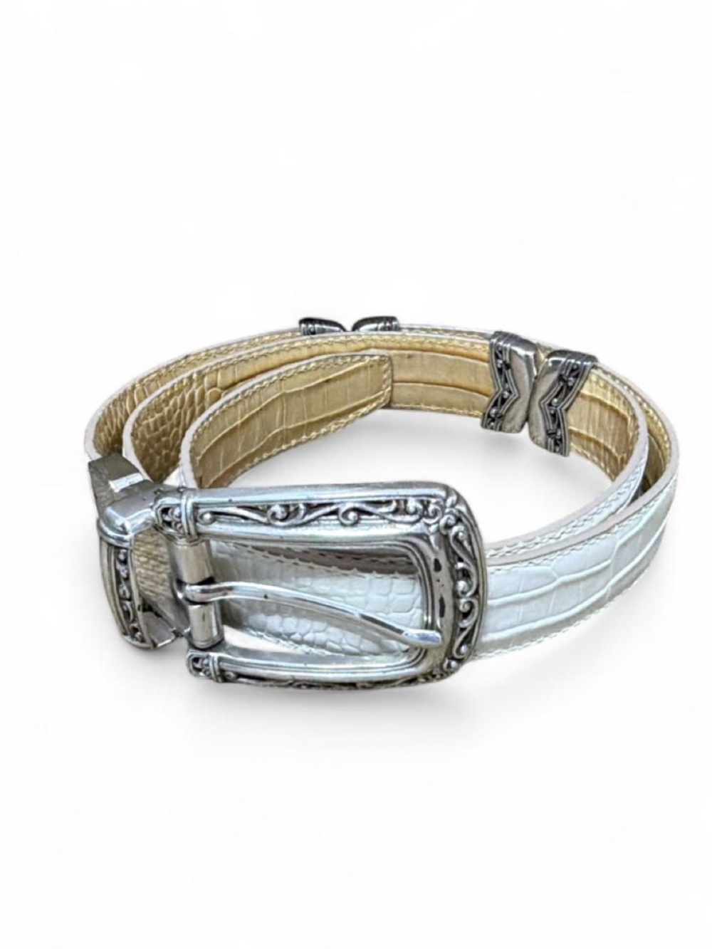 VTG Brighton Reversible White & Tan Croc-Embossed Belt with Silver Buckle M/30